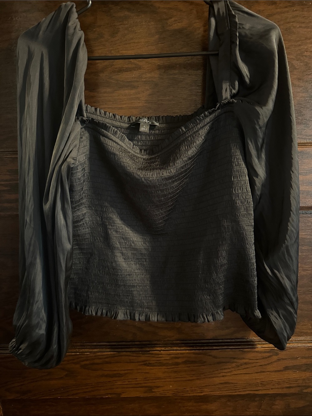 J. Crew Black Smocked Square-Neck Long-Sleeve Crop Top